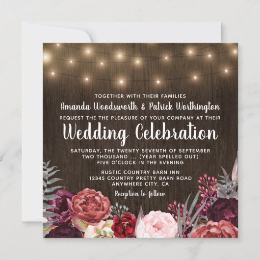 Country Rustic Marsala Peony Hochzeit Einladungen (Vorderseite)