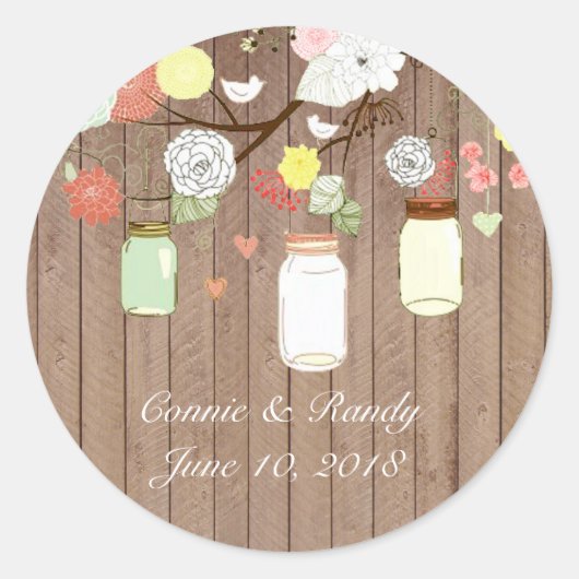 Country Rustic Mason Jar auf Holz Hochzeitsticker Runder Aufkleber (Vorderseite)