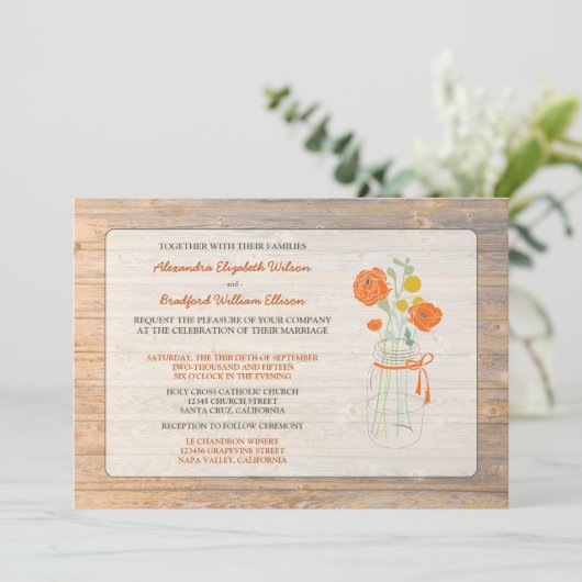 Country Rustic Mason Jar Hochzeit Einladung:Korall Einladung (Stehend Vorderseite)