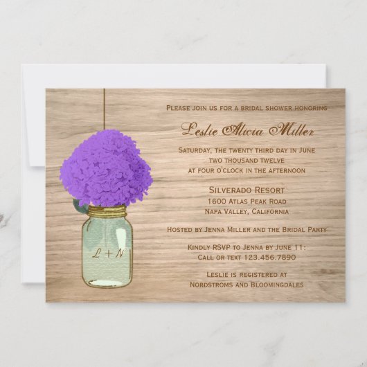 Country Rustic Mason Jar Hydrangea Brautparty Einladung (Vorderseite)