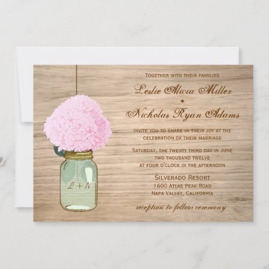 Country Rustic Mason Jar Hydrangea Hochzeit Einladung (Vorderseite)