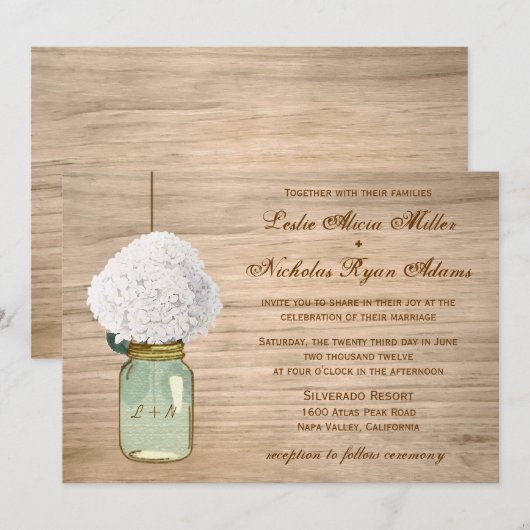 Country Rustic Mason Jar Hydrangea Wedding Einladung (Vorne/Hinten)