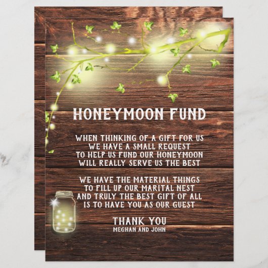 Country Rustic Mason String Lights Honeymoon Fund Briefbogen (Vorne/Hinten)