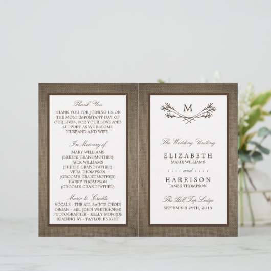 Country Rustic Monogram Branch & Burlap Wedding (Stehend Vorderseite)