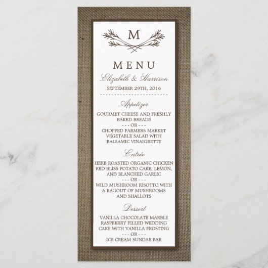 Country Rustic Monogram Branch & Burlap Wedding Menükarte (Vorderseite)