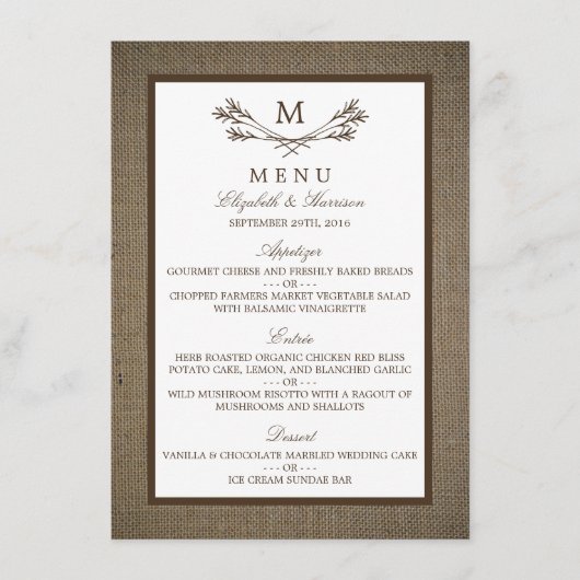 Country Rustic Monogram Branch & Burlap Wedding Menükarte (Vorderseite)