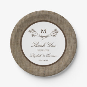 Country Rustic Monogram Branch & Burlap Wedding Pappteller
