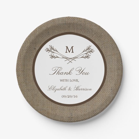 Country Rustic Monogram Branch & Burlap Wedding Pappteller (Vorderseite)