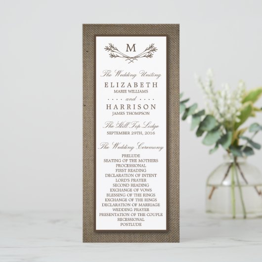 Country Rustic Monogram Branch & Burlap Wedding Programm (Stehend Vorderseite)