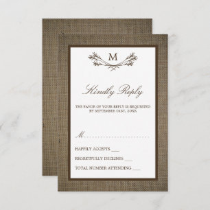 Country Rustic Monogram Branch & Burlap Wedding RSVP Karte
