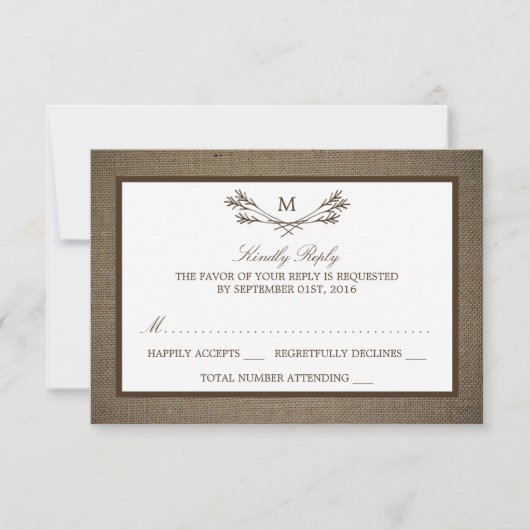 Country Rustic Monogram Branch & Burlap Wedding RSVP Karte (Vorderseite)