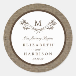 Country Rustic Monogram Branch & Burlap Wedding Runder Aufkleber