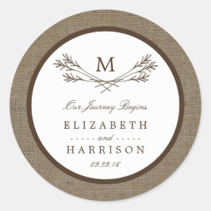 Country Rustic Monogram Branch & Burlap Wedding Runder Aufkleber