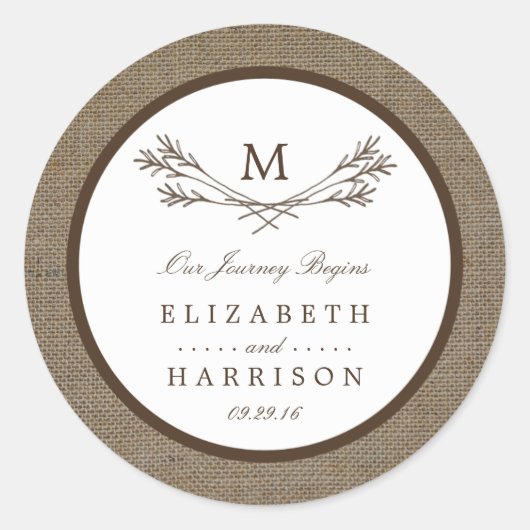 Country Rustic Monogram Branch & Burlap Wedding Runder Aufkleber (Vorderseite)