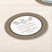 Country Rustic Monogram Branch & Burlap Wedding Runder Pappuntersetzer (Angewinkelt)
