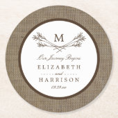 Country Rustic Monogram Branch & Burlap Wedding Runder Pappuntersetzer (Vorderseite)