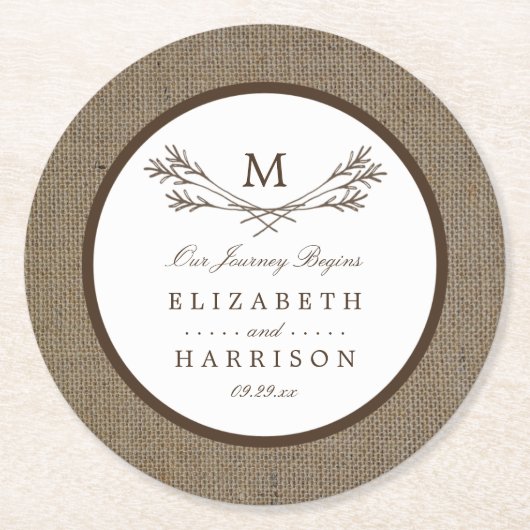 Country Rustic Monogram Branch & Burlap Wedding Runder Pappuntersetzer (Vorderseite)