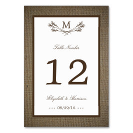 Country Rustic Monogram Branch & Burlap Wedding Tischnummer