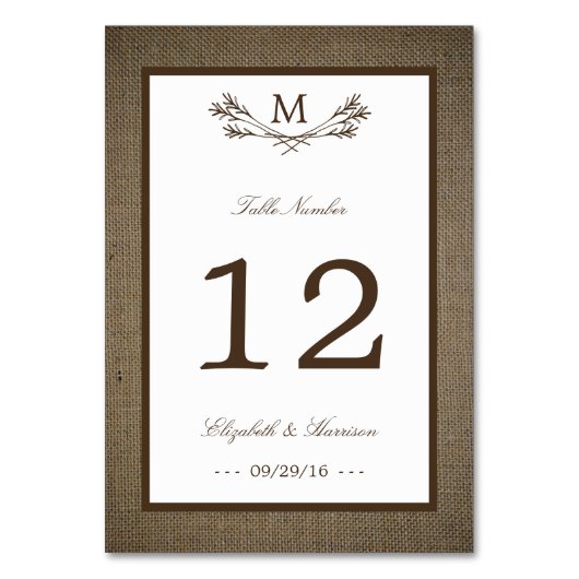 Country Rustic Monogram Branch & Burlap Wedding Tischnummer (Rückseite)