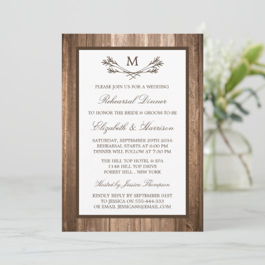 Country Rustic Monogram Branch Probe Dinner Einladung (Stehend Vorderseite)