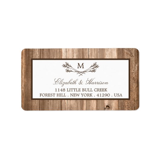 Country Rustic Monogram Branch & Wood Wedding Adressaufkleber (Vorne)