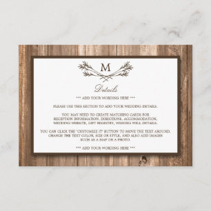 Country Rustic Monogram Branch & Wood Wedding Begleitkarte