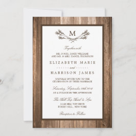 Country Rustic Monogram Branch & Wood Wedding Einladung