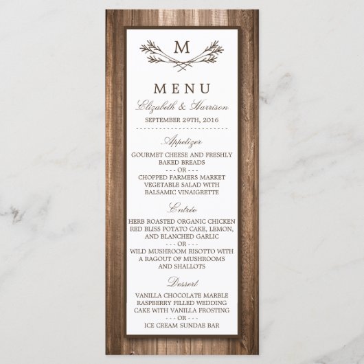 Country Rustic Monogram Branch & Wood Wedding Menu Menükarte (Vorderseite)