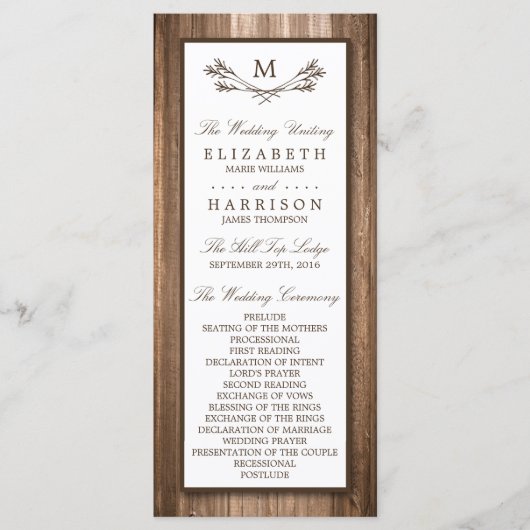 Country Rustic Monogram Branch & Wood Wedding Programm (Vorderseite)