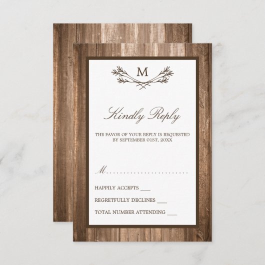 Country Rustic Monogram Branch & Wood Wedding RSVP Karte (Vorne/Hinten)