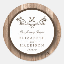 Country Rustic Monogram Branch & Wood Wedding Runder Aufkleber