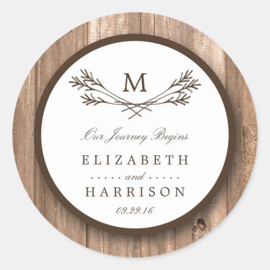 Country Rustic Monogram Branch & Wood Wedding Runder Aufkleber (Vorderseite)