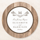 Country Rustic Monogram Branch & Wood Wedding Runder Pappuntersetzer (Vorderseite)