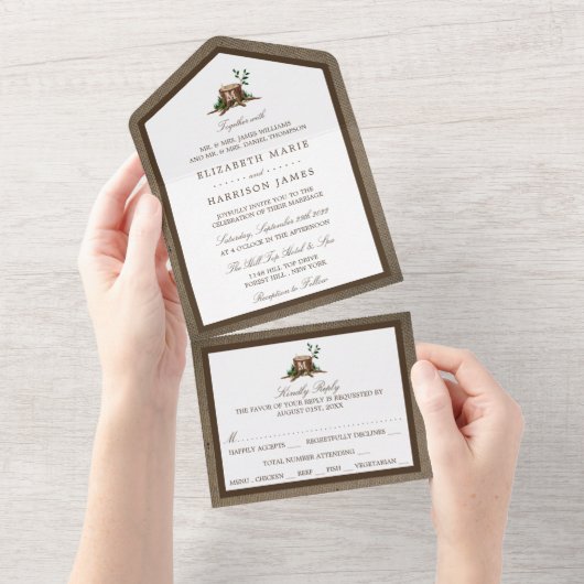 Country Rustic Monogram Tree & Burlap Wedding All In One Einladung (Abreißen)