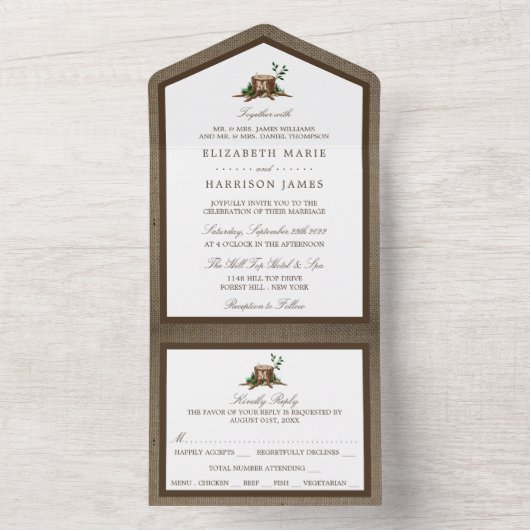 Country Rustic Monogram Tree & Burlap Wedding All In One Einladung (Innen Boden)
