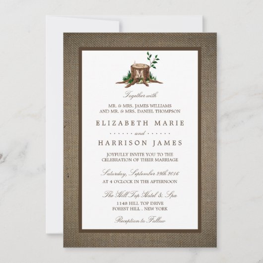 Country Rustic Monogram Tree & Burlap Wedding Einladung (Vorderseite)