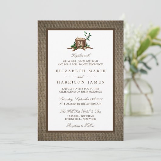 Country Rustic Monogram Tree & Burlap Wedding Einladung (Stehend Vorderseite)