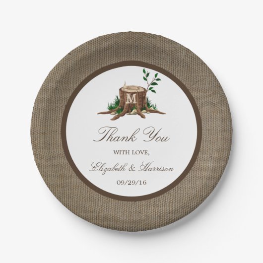 Country Rustic Monogram Tree & Burlap Wedding Pappteller (Vorderseite)