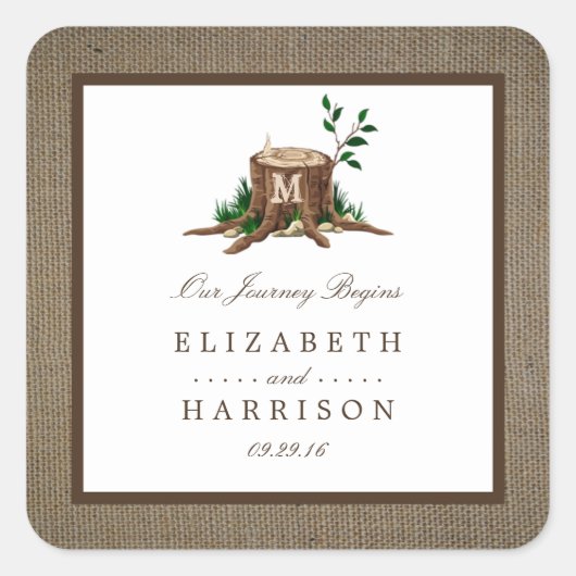 Country Rustic Monogram Tree & Burlap Wedding Quadratischer Aufkleber (Vorderseite)