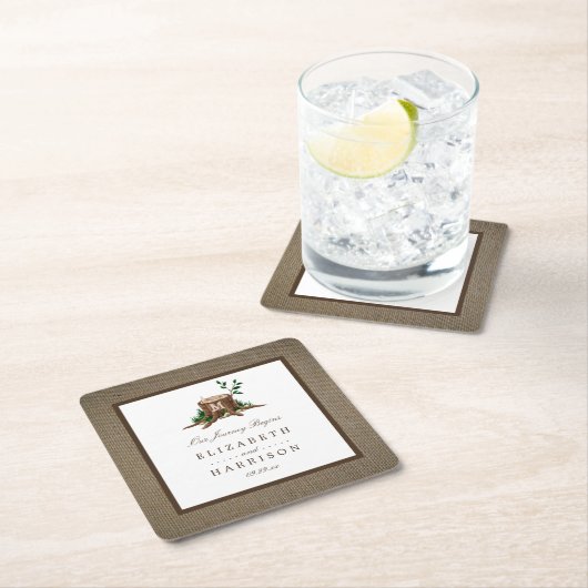 Country Rustic Monogram Tree & Burlap Wedding Rechteckiger Pappuntersetzer (Vor Ort)