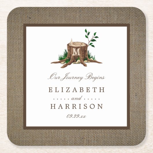 Country Rustic Monogram Tree & Burlap Wedding Rechteckiger Pappuntersetzer (Vorderseite)