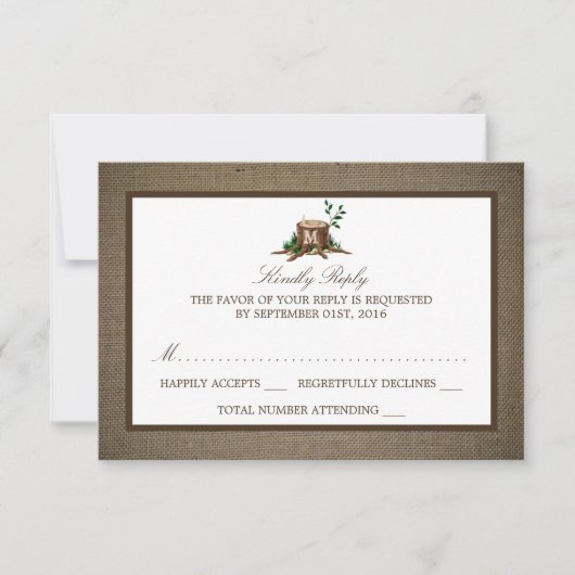 Country Rustic Monogram Tree & Burlap Wedding RSVP Karte (Vorderseite)