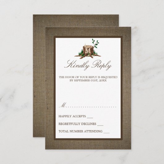 Country Rustic Monogram Tree & Burlap Wedding RSVP Karte (Vorne/Hinten)
