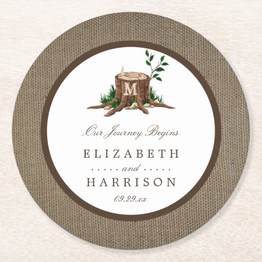 Country Rustic Monogram Tree & Burlap Wedding Runder Pappuntersetzer (Vorderseite)