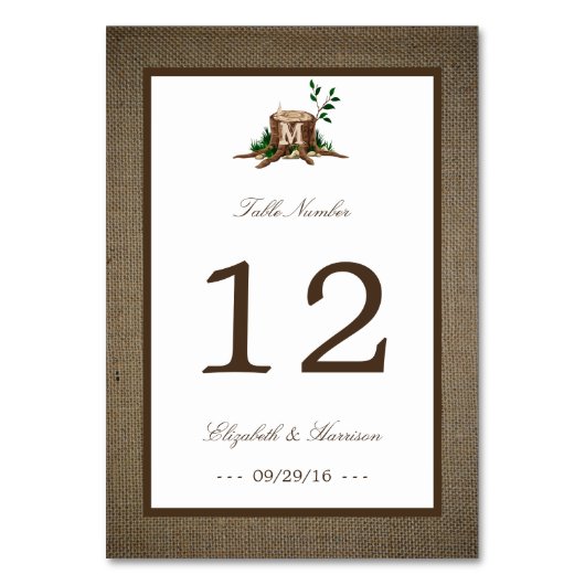 Country Rustic Monogram Tree & Burlap Wedding Tischnummer (Rückseite)