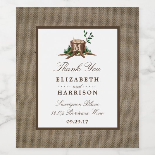 Country Rustic Monogram Tree & Burlap Wedding Weinetikett (Einzelnes Label)