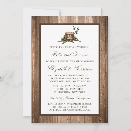 Country Rustic Monogram Tree Probe Dinner Einladung (Vorderseite)