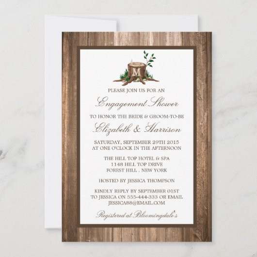 Country Rustic Monogram Tree Verlobung Einladung (Vorderseite)