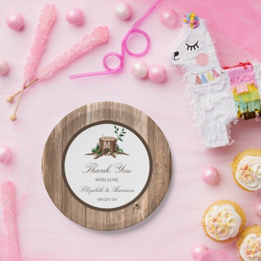 Country Rustic Monogram Tree & Wood Wedding Pappteller (Party)