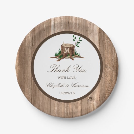 Country Rustic Monogram Tree & Wood Wedding Pappteller (Vorderseite)